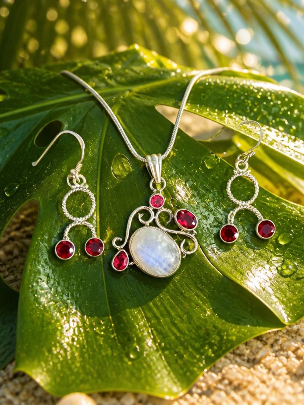 NEW! Moonstone, Garnet Necklace & Earring Set!